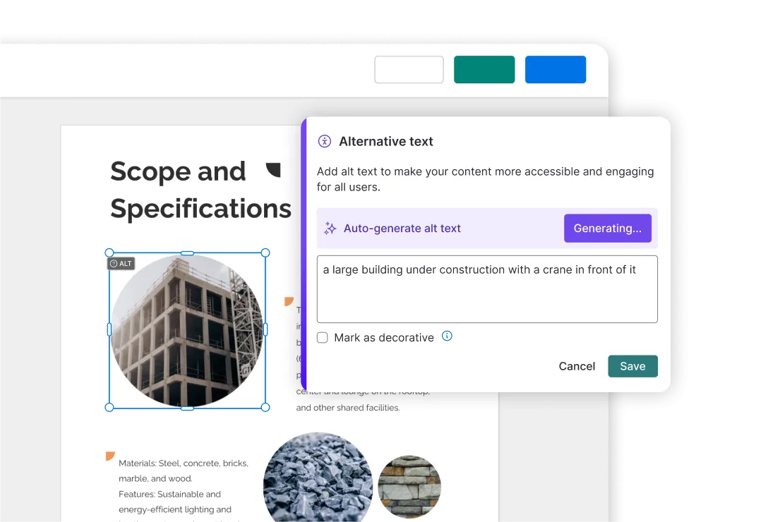 Accessibility features included in Venngage’s editor, including an accessibility checker  and alt text feature.