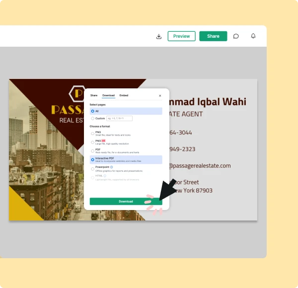 Download and share your business card design with a click