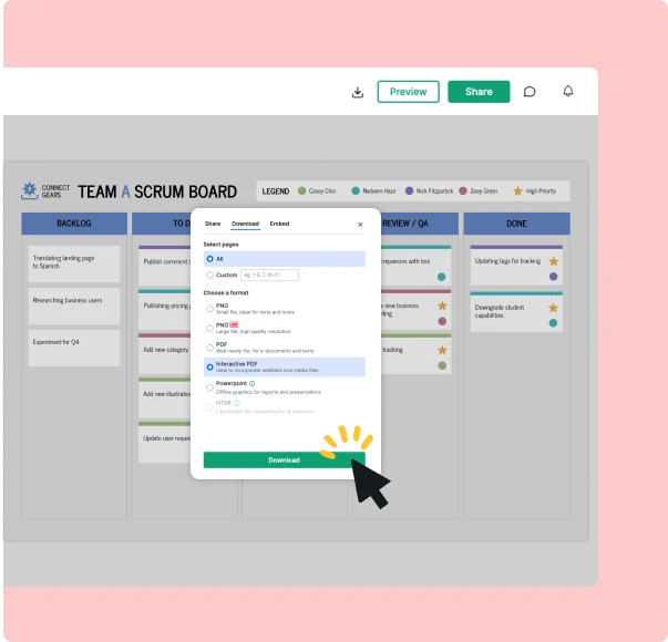 Download your scrum board or share it with one click