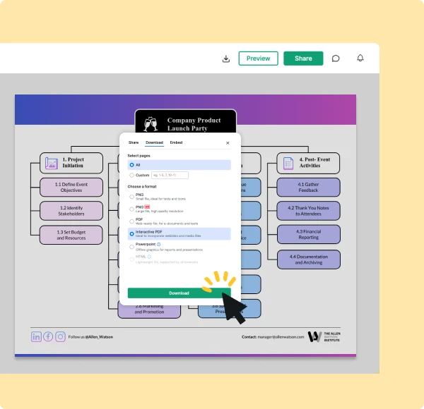 Download your WBS diagram as high-quality PDFs or PNGs