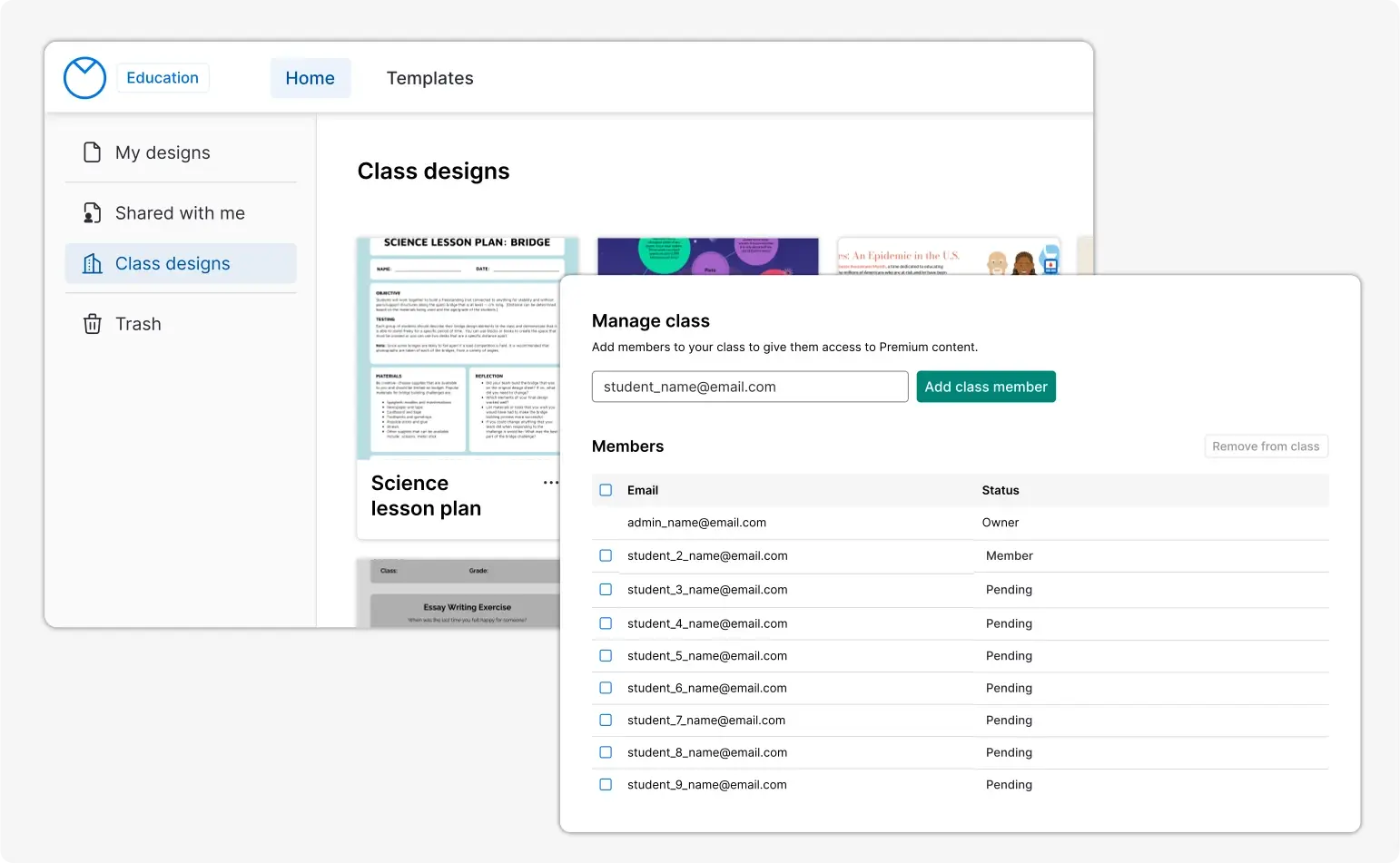 Features of Venngage’s Education Admin view, including shared Class Designs and adding and removing class members