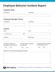 Employee Behavior Incident Report Template - Page 1