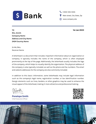 Free  Template: Blue Simple Professional Bank Letterhead Template