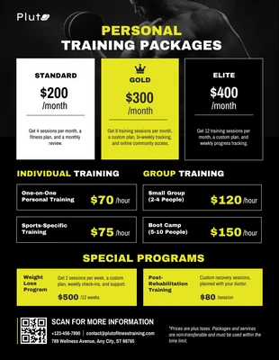 business interactive Template: Personal Training Price List Template