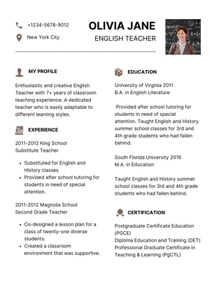 Free  Template: White Brown English Profile Teacher Resume Format Template