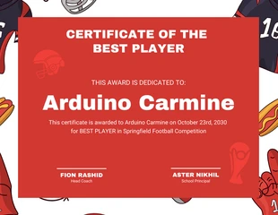 Free  Template: White Red Football Sport Certificate of The Best Player Template