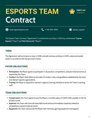 Free  Template: Esports Team Contract Template