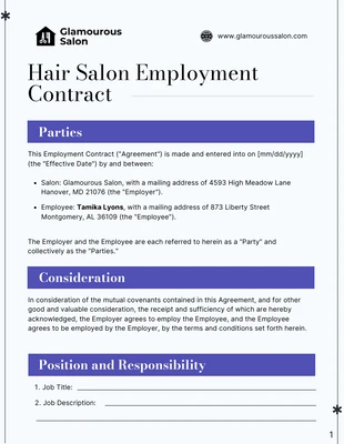 Free  Template: Hair Salon Employment Contract Template