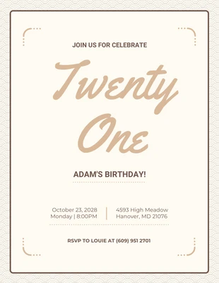 Free  Template: Beige Simple Pattern 21st Birthday Invitation