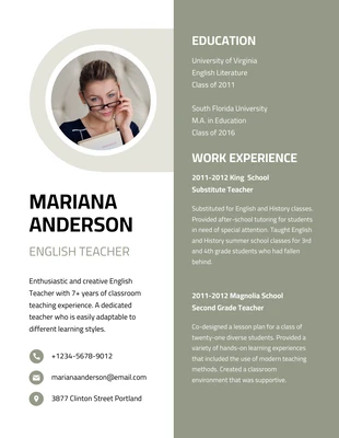 Free  Template: White Green Aesthetic English Teacher Resume Template