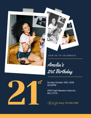 Free  Template: Navy And Yellow Modern 21st Birthday Invitation