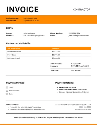 Free  Template: White Orange Contractor Invoice Template