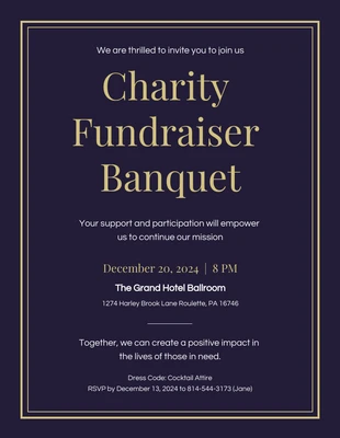 Free  Template: Dark Blue Gold Charity Fundraiser Banquet Invitation