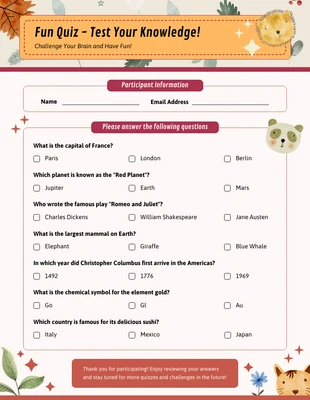 Free  Template: Colorful Fun Quiz Form Template