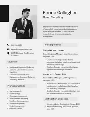 Free  Template: Black Grey Brand Marketing Resume Template