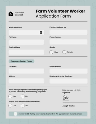 Free  Template: Farm Volunteer Worker Application Form Template