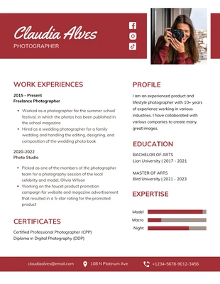 Free  Template: Red White Bold Photographer Resume Template