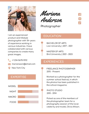 Free  Template: Orange White Professional Photographer CV Resume Template