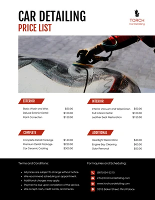 business  Template: White Red Black Car Detailing Price List Template