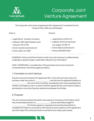 Free  Template: Corporate Joint Venture Agreement Form Template