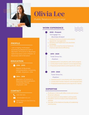 Free  Template: Yellow Purple Modern Public Relation Resume Template