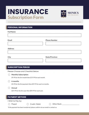 business  Template: Insurance Subscription Form Template