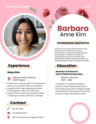 Free  Template: Pink Circle Babysitter Resume Template