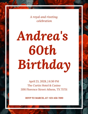 Free  Template: Red Floral Pattern Simple 60th Birthday Invitation