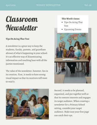 Free  Template: Light Grey Green School Classroom Newsletter Template