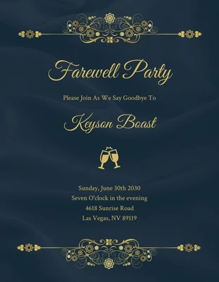 Free  Template: Navy And Gold Modern Elegant Luxury Farewell Party Invitation