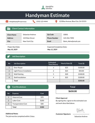 Free  Template: Handyman Estimate Template