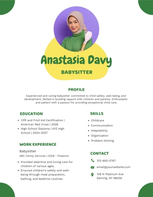 Free  Template: White Green Yellow Babysitter Resume Template