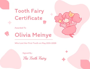 Free  Template: White Pink Cute Tooth Fairy Certificate Template