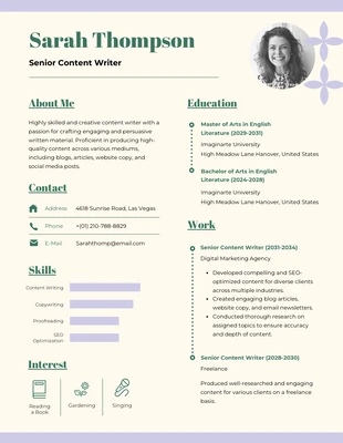 Free  Template: Soft Peach Green Senior Content Writer Resume Template