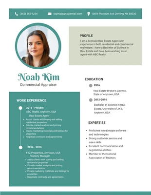 Free  Template: White Teal Commercial Real Estate Resume Template