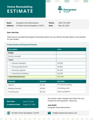 business  Template: Home Remodeling Estimate Template