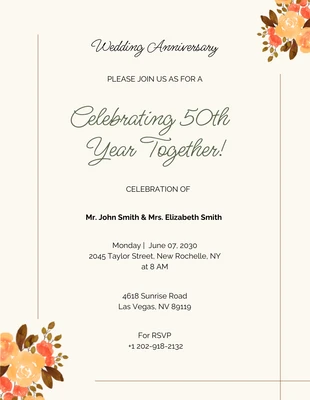 Free  Template: Light Brown Floral Flowers 50th Anniversary Invitations