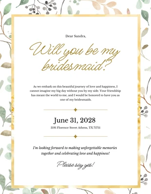 Free  Template: White Gold Floral Bridesmaid Invitation