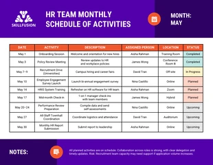 premium  Template: Team Monthly Schedule of Activities Table Chart