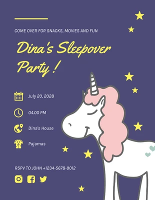 Free  Template: Blue and Yellow Cute Playful Cheerful Illustration Unicorn Sleepover Invitation