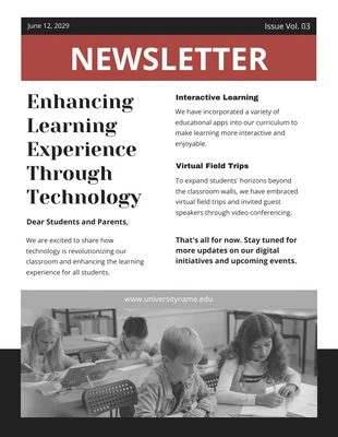 Free  Template: Black Red Classroom Technology Newsletter Template