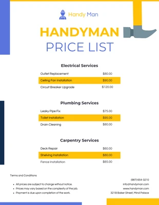 Free  Template: Minimalist Clean Handyman Price List Template