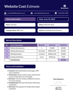 Free  Template: Website Estimate Template