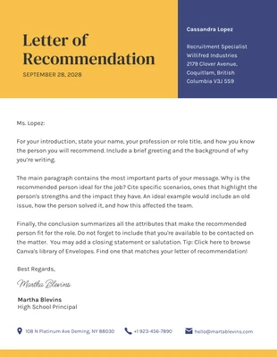 Free  Template: Yellow And Blue Simple Professional Recommendation Letters