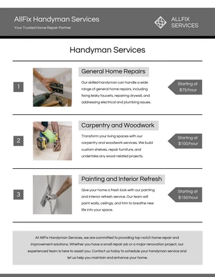 Free  Template: Monochromatic Handyman Price List Template