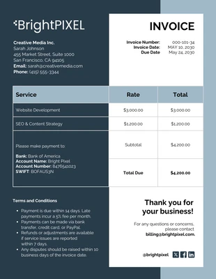 business  Template: Commercial Service Invoice Table Chart