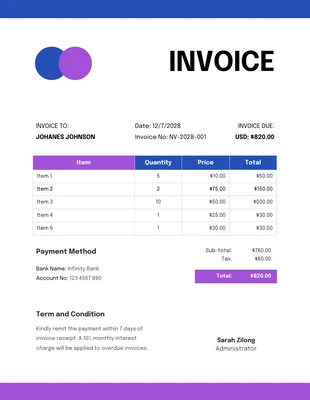 Free  Template: Blue Purple Clean Business Invoice Template