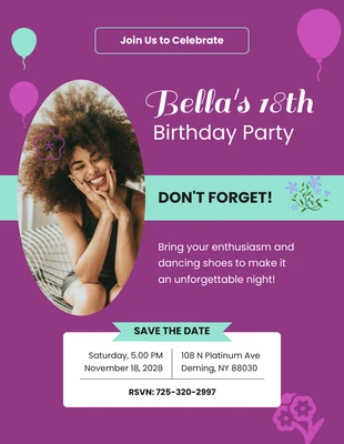 Free  Template: Fun Purple & Cyan Minimalist 18th Birthday Invitation