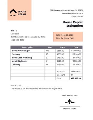 Free  Template: Peach Minimalist House Repair Estimate Template