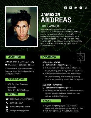 Free  Template: Black Green Programmer Technology Resume Template